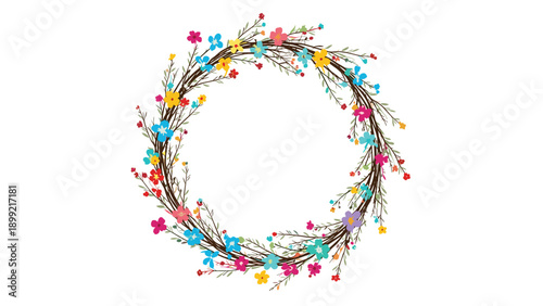 Beautiful and colorful floral wreath made from delicate branches and vibrant little wildflowers, creating a cheerful circular frame for spring or summer designs.