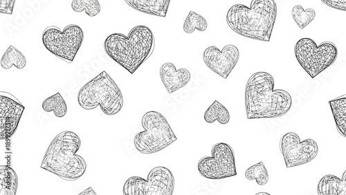 Seamless monochrome pattern of hand-drawn scribble hearts in a scattered arrangement, creating a rustic and romantic background for Valentine's or wedding designs.