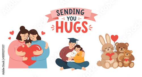 A heartwarming scene of people hugging and showing affection with cute animals and a graduation theme.