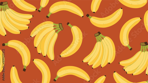 Vibrant seamless pattern with yellow bananas and bunches on a warm brown background, creating a fun and tropical fruit-themed design for textiles and wallpaper.