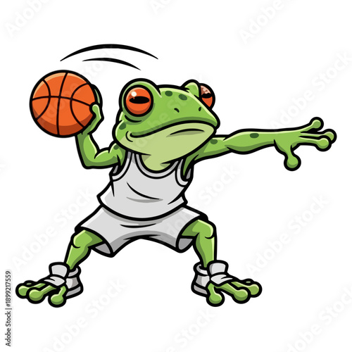 Cartoon frog playing basketball, green amphibian athlete throwing ball, funny animal sports mascot character in action pose, vector illustration isolated on white background