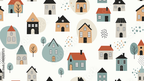 Seamless pattern with cute and cozy Scandinavian-style houses and trees in a muted color palette, creating a charming neighborhood or village background.