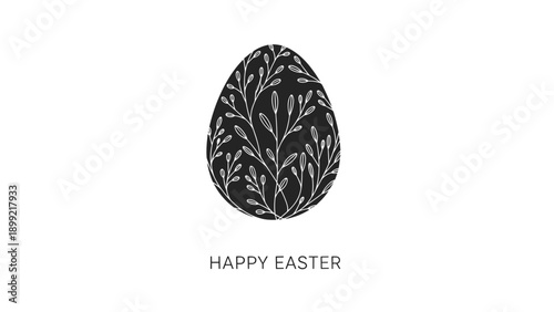 Elegant "Happy Easter" greeting with a black egg decorated with a delicate white floral and branch pattern, creating a sophisticated and modern holiday design.