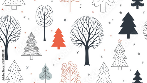 Seamless winter pattern with a variety of stylized and doodle-style trees and snowflakes, creating a charming and rustic forest scene for holiday backgrounds.