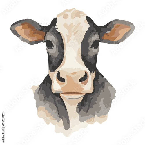 Watercolor painting of a cow head on a white background.