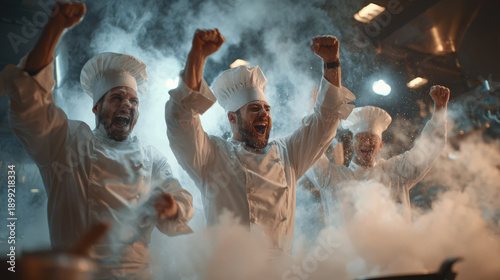 Excited chef celebrating success inside professional kitchen amidst thick steam and smoke, triumphant team wearing white uniform and hat cheering with raised fist after high pressure victory