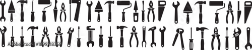 Assorted construction hand tools icons set featuring hammers wrenches pliers and screwdrivers layout