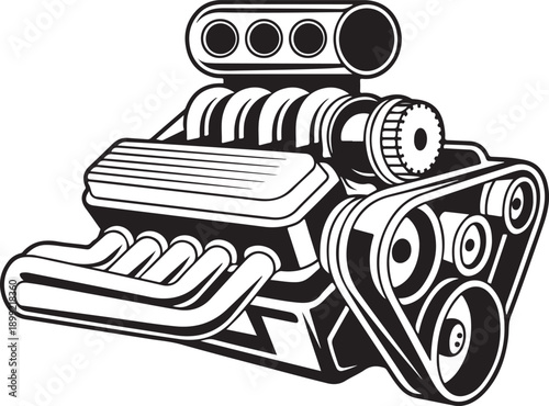 Blower car engine with supercharger and pulley system isolated on transparent background illustration