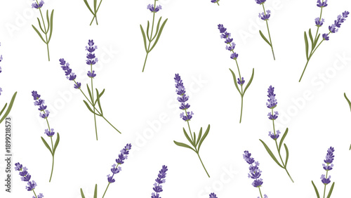 Seamless pattern with delicate lavender sprigs on a clean white background, creating a calm, fragrant, and beautiful botanical design for textiles and wallpaper.