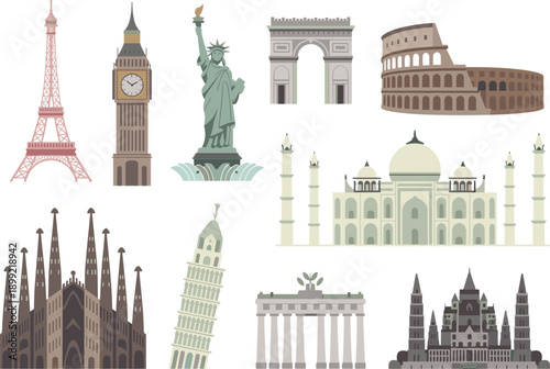 Flat Vector World Landmark Icons Featuring Eiffel Tower Big Ben Statue of Liberty Colosseum Taj Mahal Leaning Tower and Global Monuments