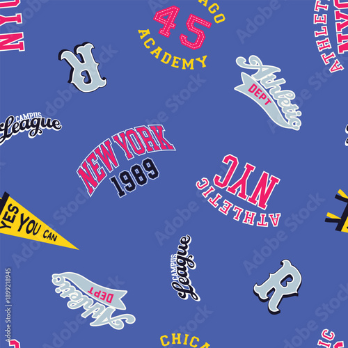 Collegiate Athletic Lettering Emblems Collection seamless pattern background