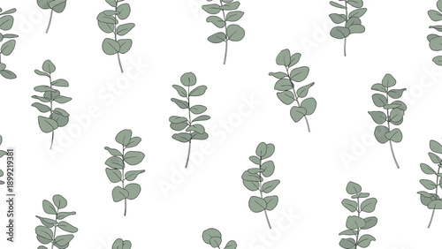 Seamless botanical pattern of hand-drawn green eucalyptus branches with round leaves scattered on a clean white background.