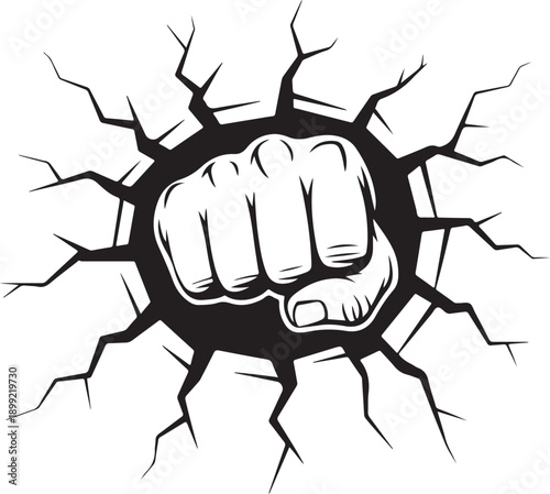 Fist punching through wall with cracked surface texture effect representing power and strength force