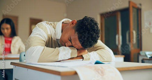 Quadro su tela Sleeping, education and student in classroom with test, exam or assignment with fatigue or burnout
