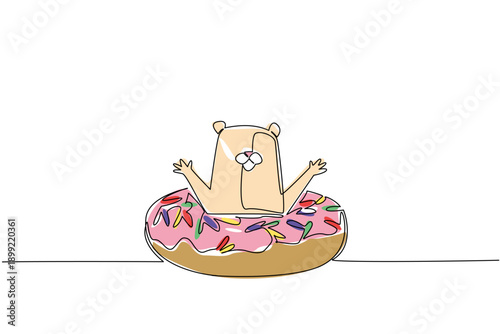 One line drawing of adorable hamster features playful rodent pet animal sitting inside donut for food concept. Colorful art is ideal for kids wall decor purpose and kids bedroom decoration style art