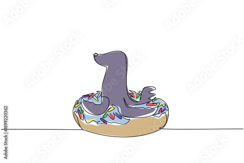 One line draw of adorable sea lion for dessert food concept features charming cute animal sitting inside sprinkled donut. Colorful graphic for nursery poster purpose with grey marine mammal creature