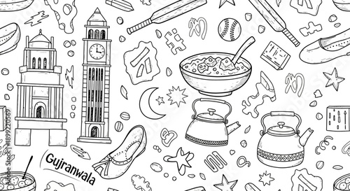 Gujarati Cuisine and Landmarks, Artistic Doodle Style, Vibrant Design