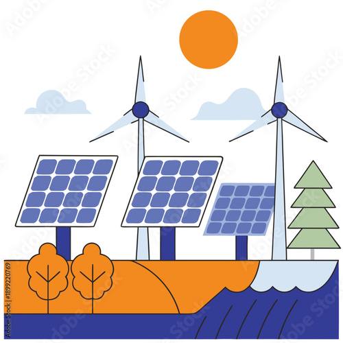 Renewable energy sources including wind turbines and solar panels by the sea Vector