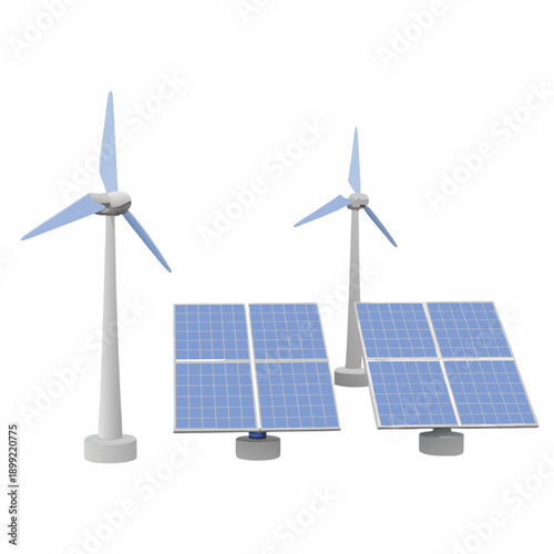 Wind turbines and solar panels generating renewable energy in a field. Vector