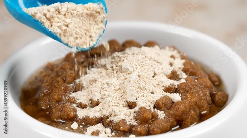 A blue scoop adds nutritional powder to a bowl of wet pet food. This supplement enhances a healthy meal for a beloved animal.