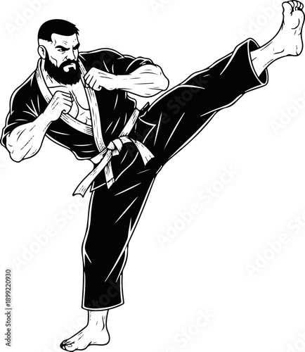 Bearded Martial Artist Performing a Dynamic High Kick