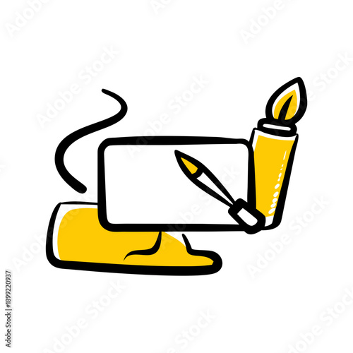 A hand holding a paintbrush with a flame at the tip, hovering over a laptop. Vector