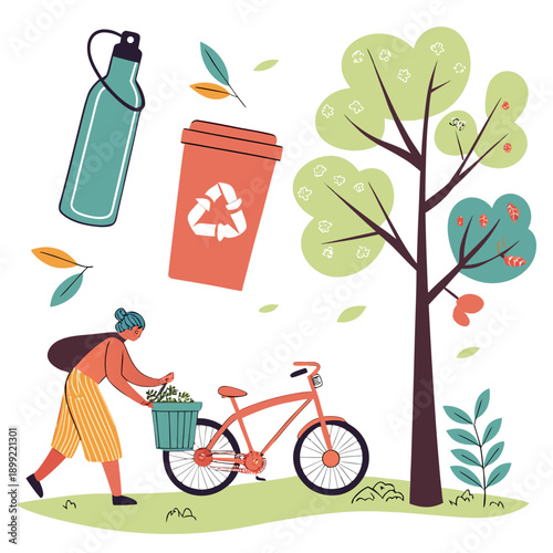 A vibrant illustration of a person recycling with a tree, bike, and trash Vector