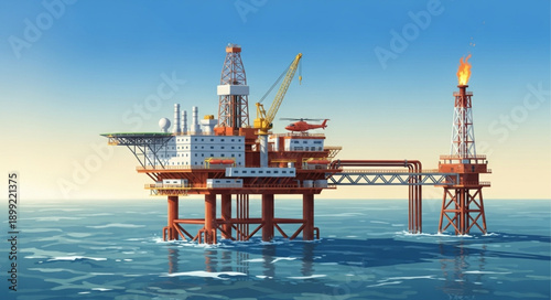 Offshore oil rig platform in the ocean under a clear blue sky.