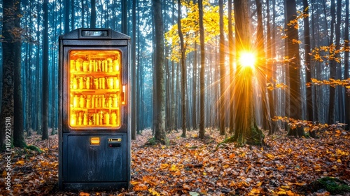 Surreal Vending Machine in Mystical Autumn Forest with Glowing Golden Products