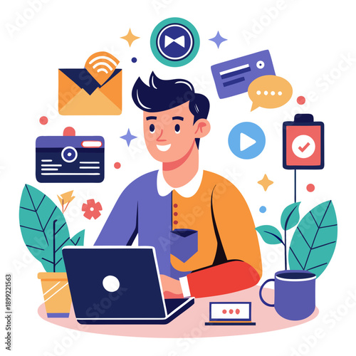 A person using a laptop with various icons floating around them representing different activities Vector