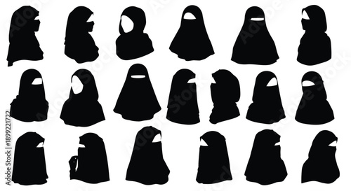Various black head coverings displayed as a striking silhouette