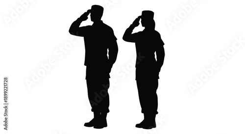 Two soldiers saluting in a stark black silhouette