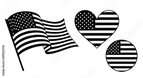 American flag and heart shapes in a striking black silhouette