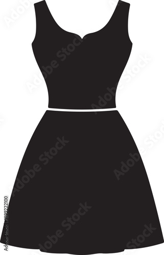 Black silhouette of a sleeveless A-line dress with a sweetheart neckline and a defined waistline on a white background