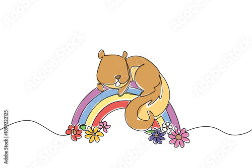 One line drawing of fluffy adorable brown squirrel lying on a rainbow surrounded by blooming flowers. Nature concept for cute woodland animal, charming for nursery print and Squirrel Appreciation Day