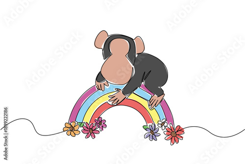 Continuous line drawing of playful baby chimpanzee napping peacefully on rainbow arc with blooming flowers. Nature concept for cute wild animal, perfect for nursery decor and World Chimpanzee Day