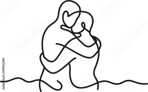 Couple embracing line art, abstract figures hugging, continuous drawing, human connection, emotional bond, romantic gesture
