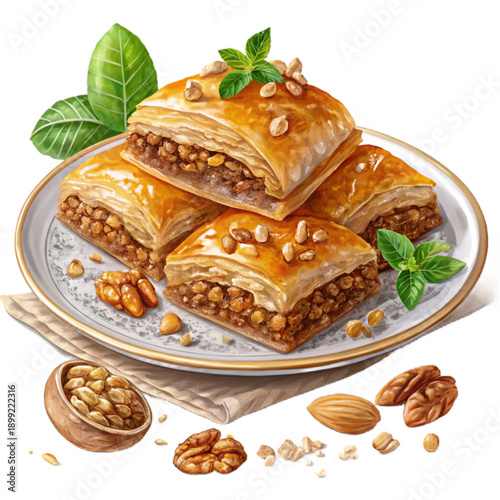 Sweet baklava with honey glaze and nuts on a plate