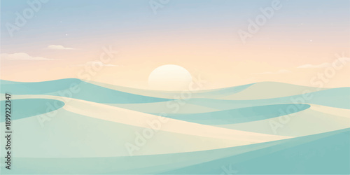 A beautiful nature landscape of the orange sun over the sea and mountains where the summer sky and clouds glow with light at dusk and dawn