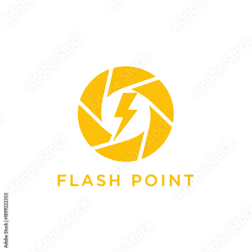 Camera shutter aperture icon with lightning bolt logo for photography studio or creative media agency named Flash Point