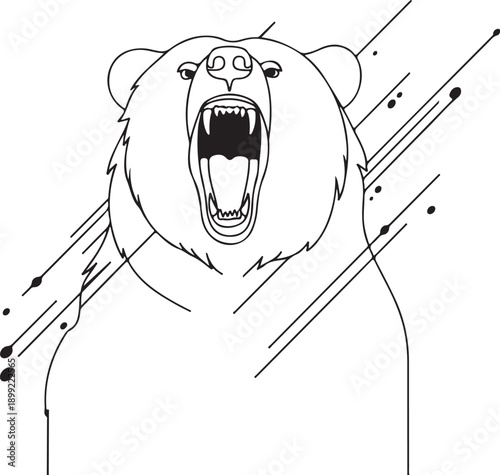 Roaring bear outline with open mouth showing sharp teeth and a geometric abstract background