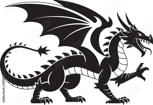 Mythical black dragon vector art with wings tail horns and sharp claws standing ready to fight