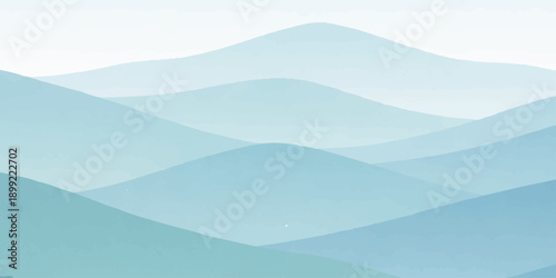A scenic vector illustration of a misty mountain landscape at sunrise featuring blue forest silhouettes and fog rolling over the valley peaks under a soft morning sky