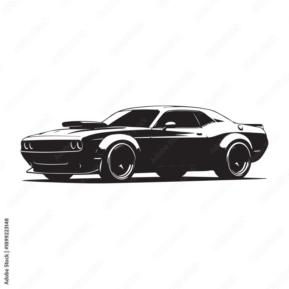 Naklejka premium Black and white muscle car vector illustration, classic American sports car silhouette, vintage automotive design, isolated on white