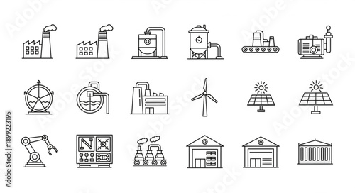 Collection of Industrial Factory and Energy Icons Hand Drawn Style.
