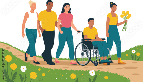 Inclusive Group Walking Vector Illustration Accessibility and Diversity