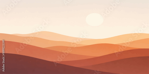 A vibrant orange sunset glows over the hot Sahara desert landscape, casting silhouettes across red sand dunes and dry mountain peaks under a dramatic summer sky in Morocco
