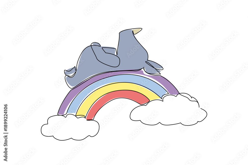 Fototapeta premium One line drawing of cute heavy rhinoceros with a small horn resting its back in a supine position on a rainbow. Nature concept safari theme for World Rhinoceros Day and conservation awareness campaign