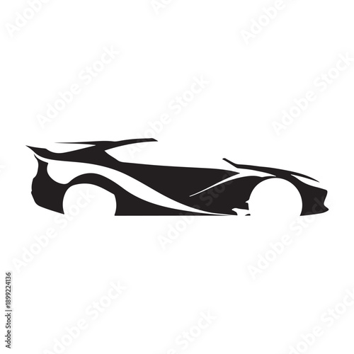 Black and white abstract sports car vector icon, side view, isolated on white