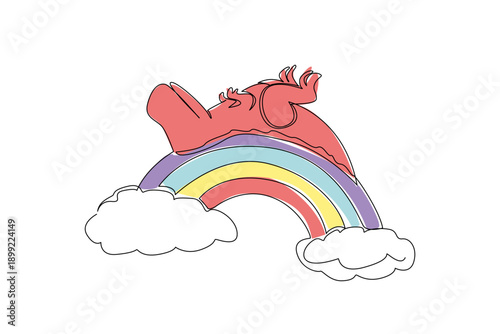 Single line draw of prehistoric t rex dinosaur lying in a supine position, appearing light and gentle on a rainbow arch with fluffy cloud. Nature concept jurassic theme, ideal for boys t shirt print